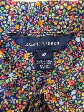 Ralph Lauren  Girls 6X Floral Ruffle Button Down 100% Cotton Navy Cottagecore
